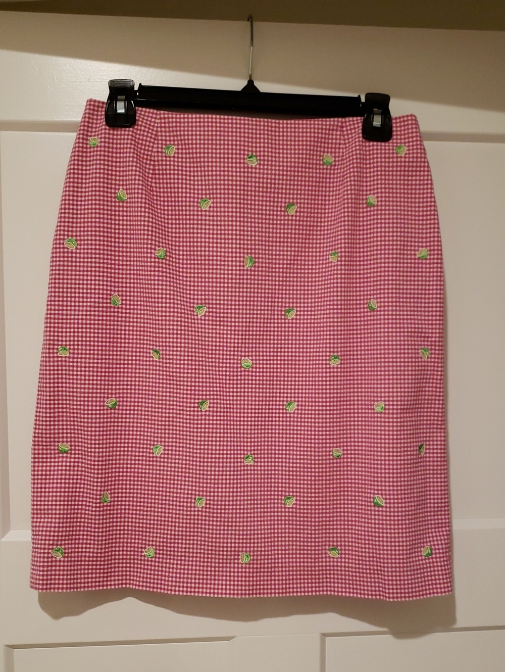 Talbots Stretch Pink Gingham Embroidered Skirt Cotton